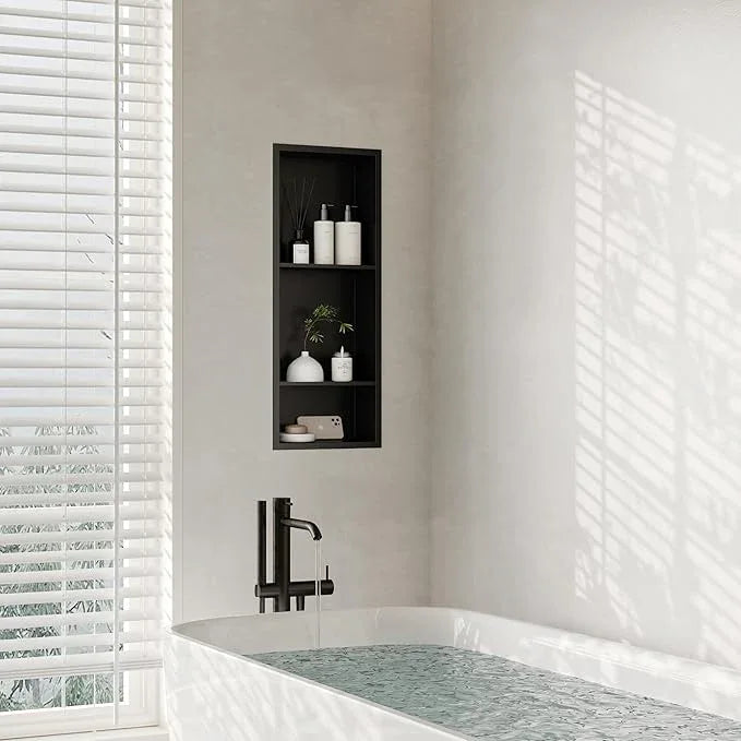 Qeke Stainless Steel Shower Niche 12" X 29", No Tile Needed Wall Niche Three-Tier, Recessed Shower Shelf for Bathroom Storage, Matte Black - ModernBath