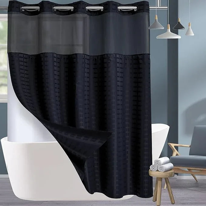 Conbo Mio No Hook Shower Curtain with Snap in Liner Set, Hotel Luxury Black Shower Curtains for Bathroom with See Through Top Window, Waterproof, Washable 71W x 74H - ModernBath