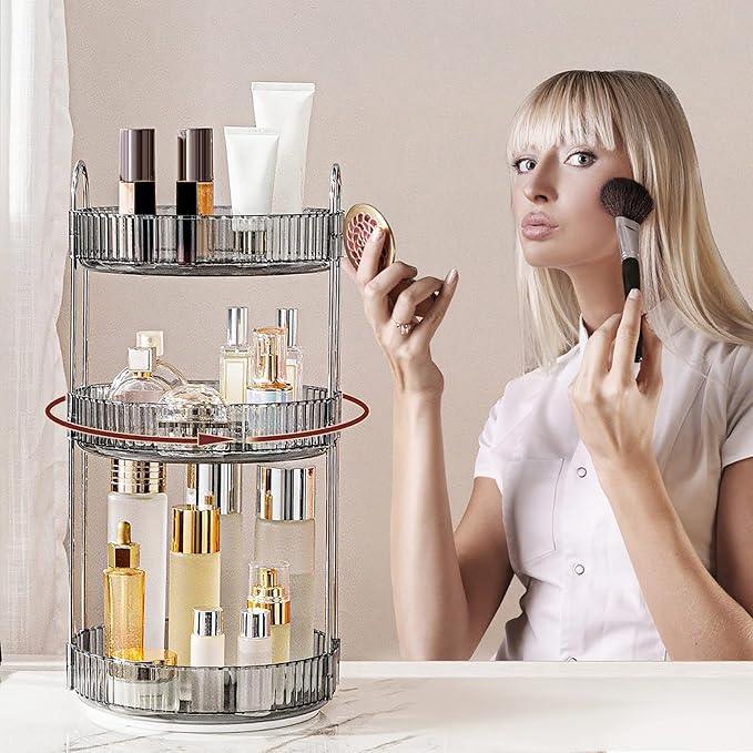 INVSSENE 360° Rotating Makeup Organizer, Bathroom Make Up Spinning Holder Rack, Large Capacity Cosmetics Storage Vanity Shelf Countertop, Fits Cosmetics, Perfume, Skincare, Lipsticks(3 Tiers, Gray) - ModernBath