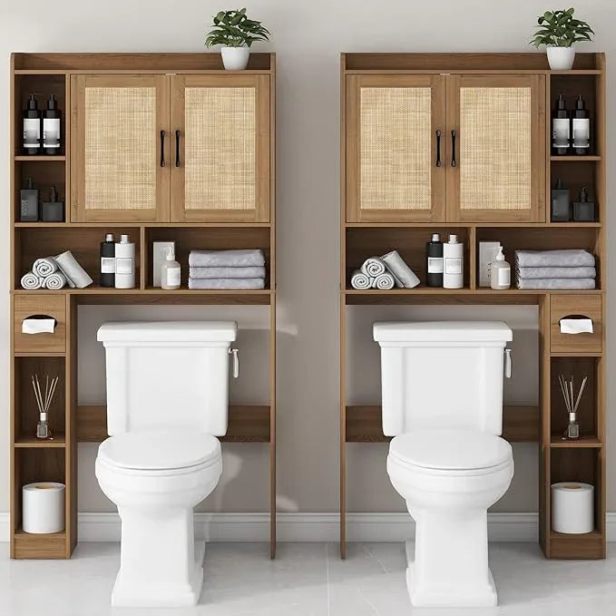 Farmhouse Rattan Storage Cabinet Over Toilet - 2 Door with Toilet Paper Holder - Space-Saving for Bathroom, Oak - ModernBath