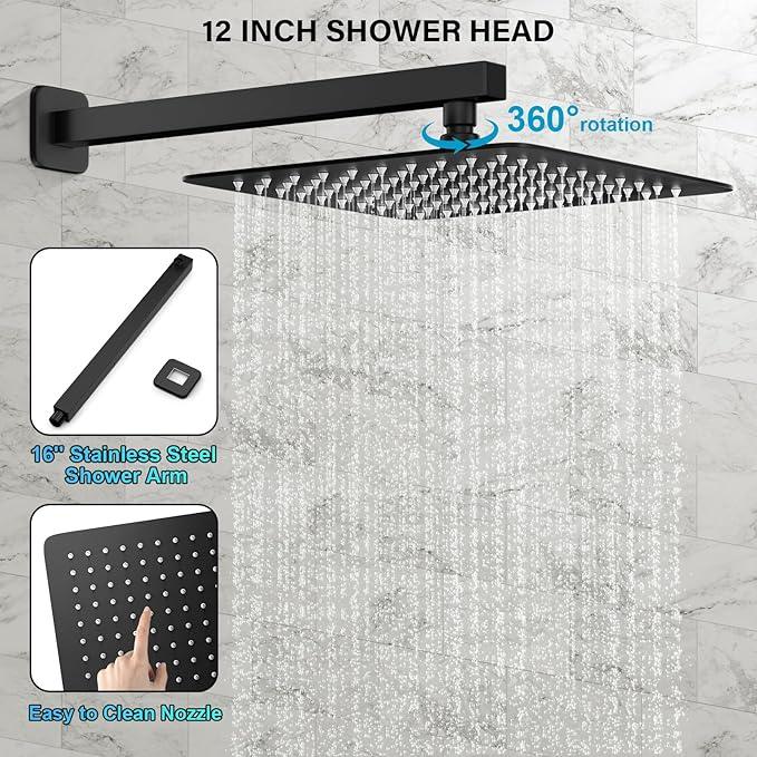FPXRNG Black Shower Faucet Set, Rainfall Shower System with Square Shower Head and Handle Set, Wall Mounted Shower Fixtures, Full Metal Trim Repair Kit 12 inch Matte Black (With Shower Valve) - ModernBath