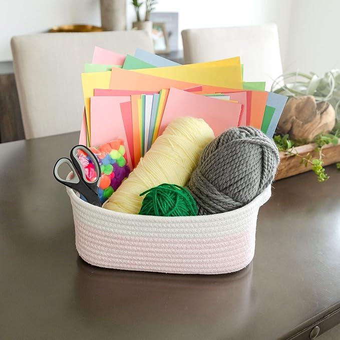 NaturalCozy 5-Piece Rectangle Storage Basket Set- Natural Cotton Rope Woven Baskets for Organizing! Small Basket for Montessori, Baby Nursery, Dog Toy Baskets, Cat Toy Box, Bathroom Organization Bin - ModernBath