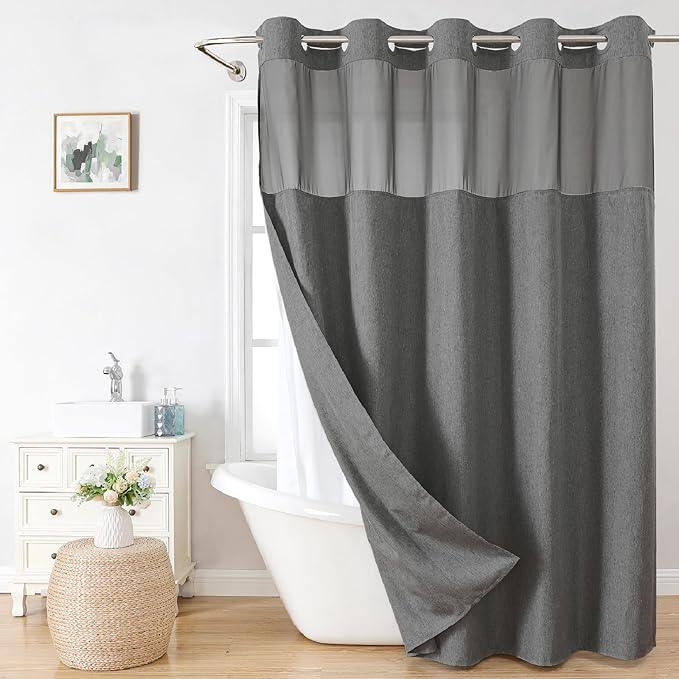 eachope Extra Long No Hooks Needed Linen Textured Shower Curtain with Snap-in Fabric Liner Set,White Hotel Luxury Decor Shower Curtains for Bathroom,Waterproof & Washable,71Wx86H,Charcoal Grey - ModernBath