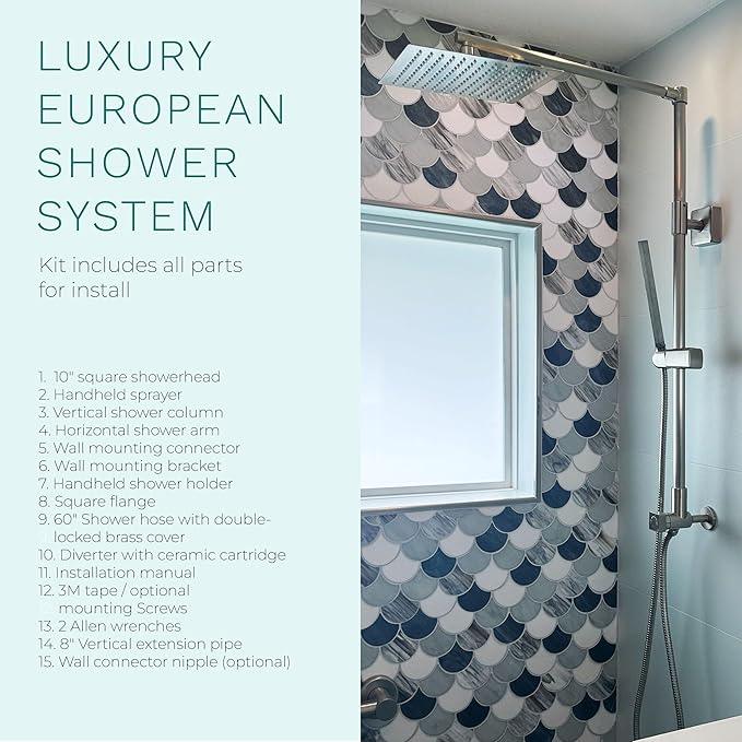 Fennocasa Polaris Lux Rain Shower System, includes 10” Square Rainfall Shower Head and Handheld Shower Combo, Height Adjustable Spray Holder, Retrofit, 60” Hose (2.5 GPM Brushed Nickel) - ModernBath