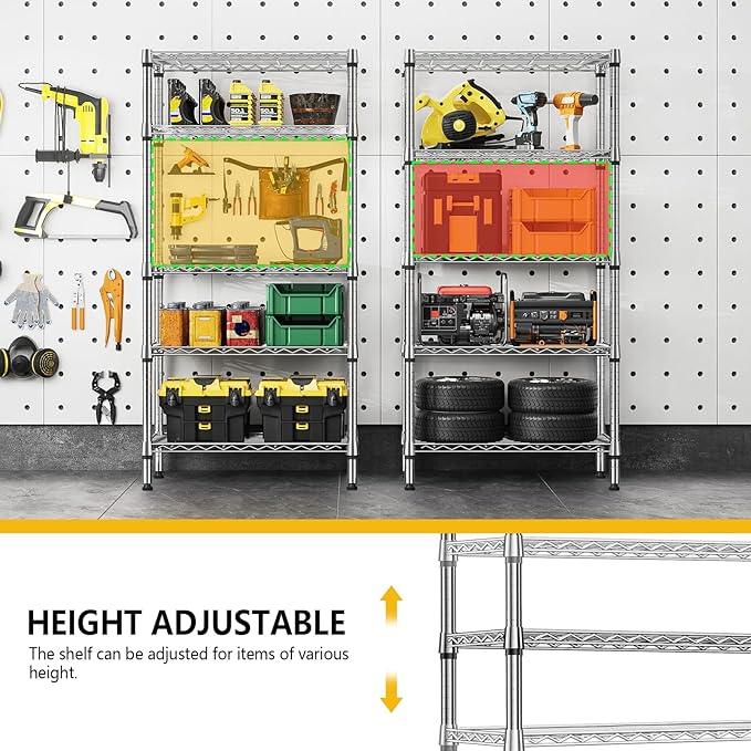 1250 lbs 5 Tier Shelf Metal Storage Shelves Shelving Wire Rack Heavy Duty Closet Organizers for Garage Kitchen Bathroom Laundry Chrome 13.8" D x 29.5" W x 59.5" H - ModernBath