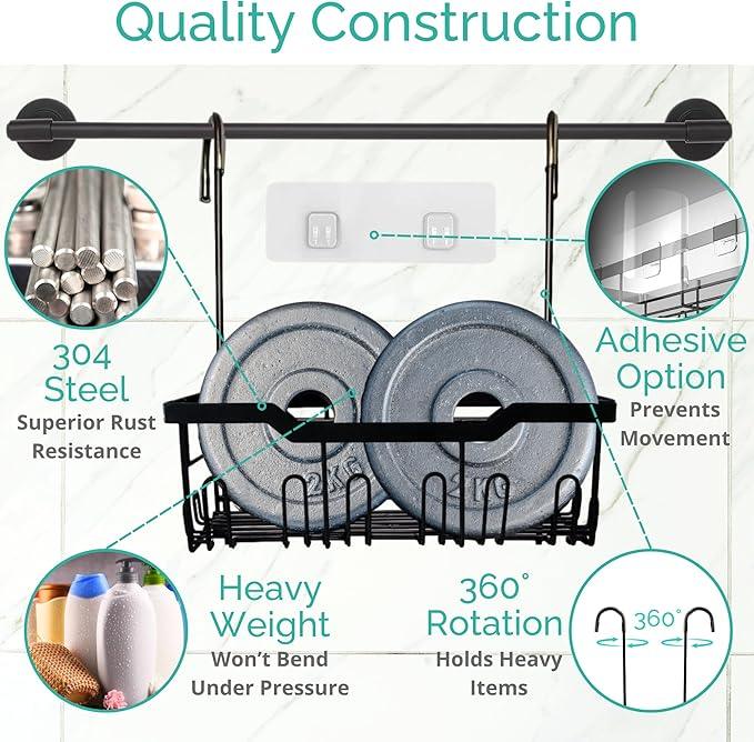 Heavy-Duty Black Hanging Shower Caddy with Rotatable Hooks and Adhesives - Rust-Proof 304 Stainless Steel - Bathroom Caddy for Organizing Your Shower Essentials - ModernBath