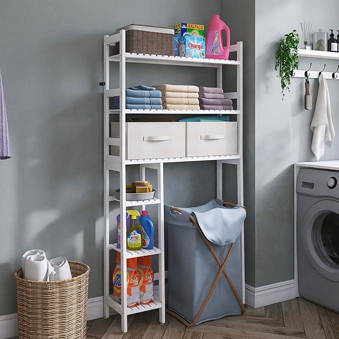 SMIBUY Over The Toilet Storage with Drawers, Large Bathroom Space Saver Organizer Rack, Freestanding Behind Toilet Stand with 6-Tier Shelf and Waterproof Feet Pad for Restroom, Laundry (White) - ModernBath