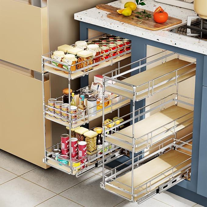 ROOMTEC 3-Tier Pull Out Cabinet Organizer Spice Rack for Narrow Cabinet 7" W x 20½" D, Slide Out Wood Shelves Storage for Kitchen - ModernBath
