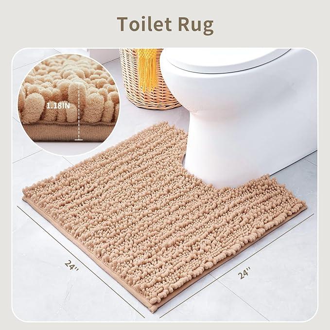 Ruggnovea Toilet Rugs U-Shaped Mat 24x24, Contour Bathroom Mat - Ultra Soft & Absorbent Chenille, Quick-Dry, Machine Washable with Non Slip Barrier Backing, Beige - ModernBath