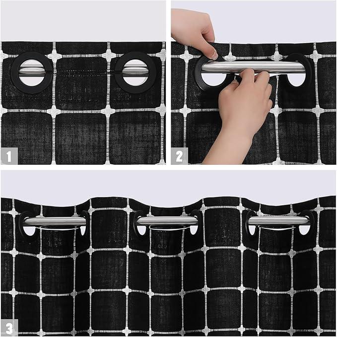 MitoVilla No Hooks Needed Boho Farmhouse Shower Curtain with Snap-in Liner, Cotton Linen Fabric Shower Curtains with Tassels for Rustic Neutral Bathroom Decor, Black and White, 72 x 74 - ModernBath