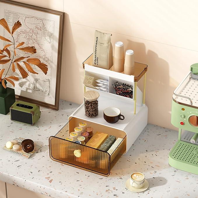 FOLLOWIN 3 Tiers Makeup Organizer with Drawer,Cosmetic Display with Lipsticks Brush Holder,Cosmetics and Beauty Supplies Organizers for Vanity,Dresser,Bathroom Desktop Countertop Organizer,Amber - ModernBath