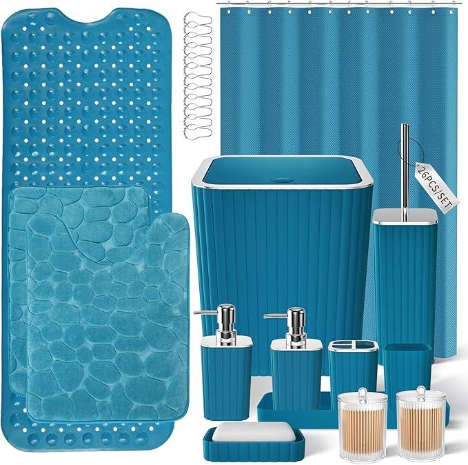 XLHOMO Bathroom Accessories Set - 26PC Gorgeous Teal Bathroom Set, Bathroom Accessory Set, Shower Curtain Set with Bathtub Mats for Shower Tub, Trash Can & Soap Dispenser - ModernBath