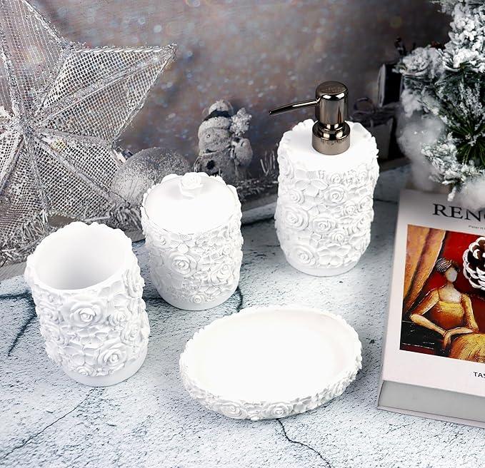Hymmah Bathroom Accessories Set,Rose Design Bathroom Set,Farmhouse Bathroom Decor,4 Pcs Resin Gift Set Apartment Necessities, Contain Cotton Swab Jar,Soap Dispenser,Soap Dish,Tumbler White - ModernBath