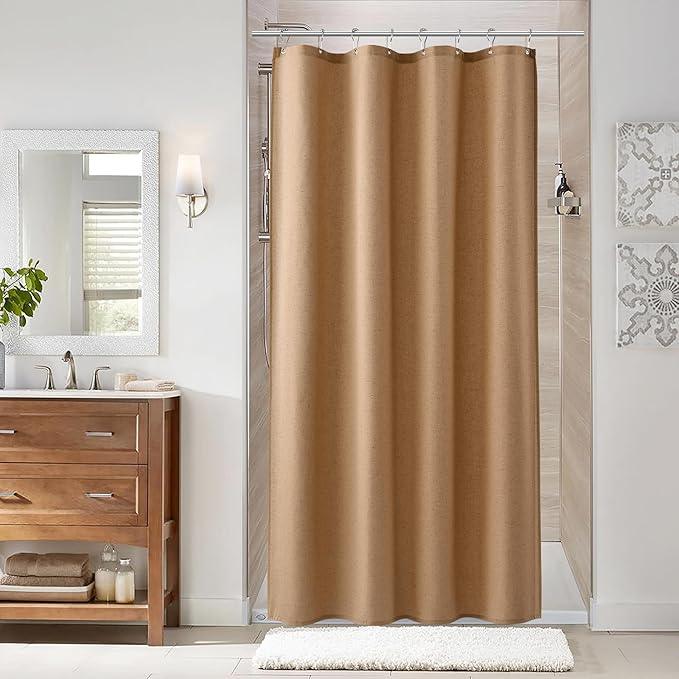 Naturoom Camel 48 Inch Shower Curtain - Stall Narrow Half Linen Ultra Thick Fabric Shower Curtain Set with Hooks, Boho Farmhouse Rustic RV Camper Bath Curtains for Bathroom, 48x72 - ModernBath