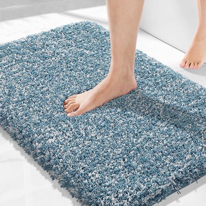 Yimobra Bath Rugs for Bathroom 32x20, Ultra Soft and Water Absorbent Bath Mats, Non Slip Plush Shower Rugs, Microfiber Thick Matts for Bathroom Floor/Tub, Machine Washable, Denim Blue and White - ModernBath