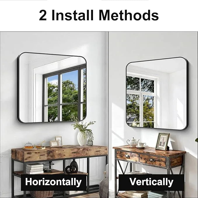 CIVENO Black Bathroom Mirror, 38x40 inch Aluminum Metal Frame Rectangular Vanity Mirror, Large Wall Mounted Rectangle Mirrors with Rounded Corner for Over Sink Bedroom Living Room Horizontal/Vertical - ModernBath