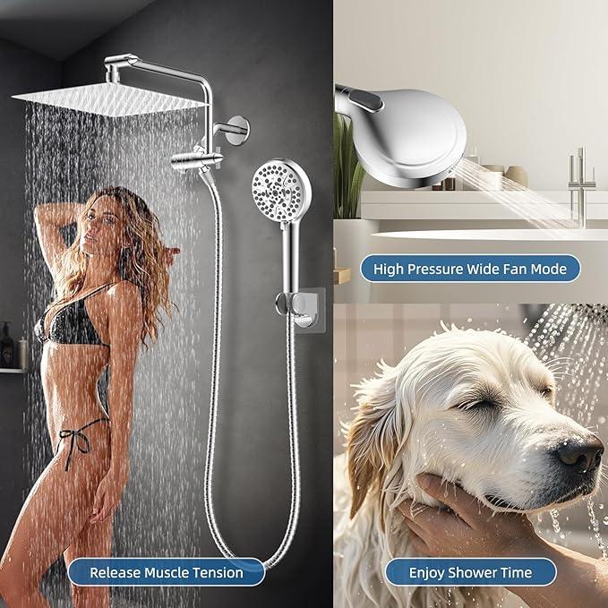 12" All Metal Shower Head, High Pressure Rainfall Shower Head/Handheld Showerhead Combo with 11" Adjustable Shower Extension Arm, 71" Hose, Shower Head Holder, Chrome - ModernBath