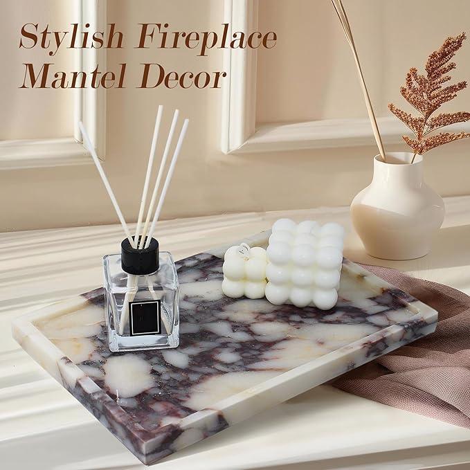 YMXYJM 100% Real Luxury Natural Marble Vanity Tray Genuine Calacatta Viola Marble Stone Storage Trays for Home Decor Bathroom Vanity Dresser Kitchen, Non-Resin/Non-Ceramic, 11.7" x 7.8" - ModernBath