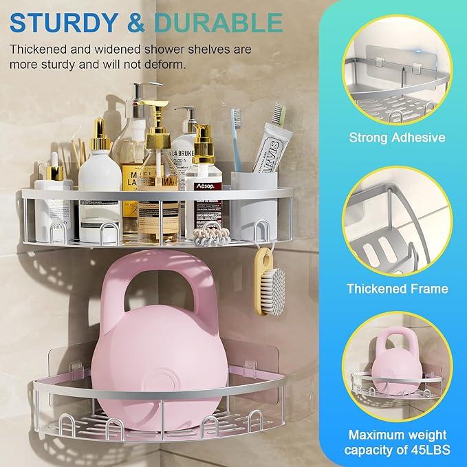 Corner Shower Caddy, 2 Pack Adhesive Bathroom Shower Corner Organizer Shelf, No Drilling Rustproof Wall Mounted Shower Storage Rack Shampoo Holder Organizer (Silver) - ModernBath
