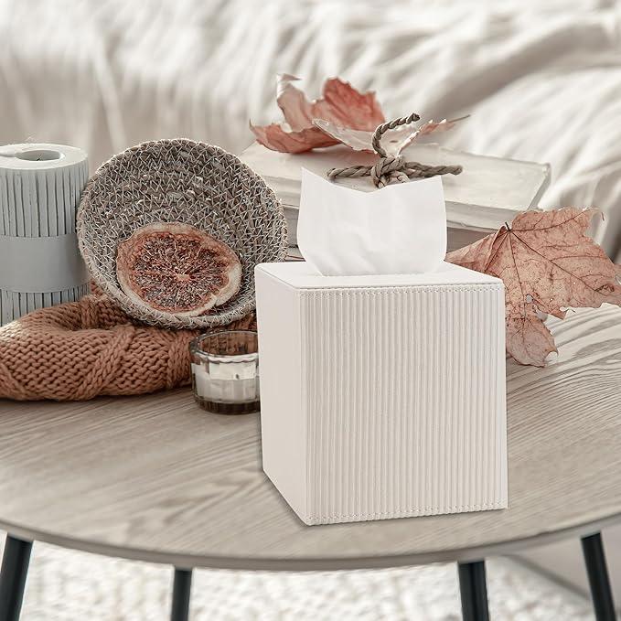 DODAMOUR Vertical Stripe Tissue Box Cover Cube – Ribbed PU Leather Square Holder, Magnetic Bottom Napkin Dispenser for Bathroom Vanity, Bedroom Nightstand (White) - ModernBath