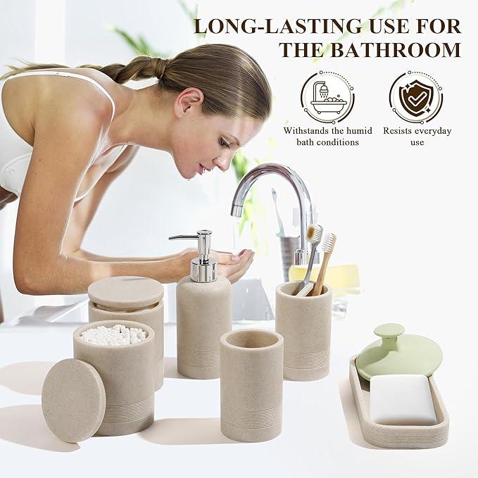 Bathroom Accessories Set, 6-Piece Bathroom Accessory Set, Toothbrush Holders Set, Soap Dispenser, Vanity Tray, Tumbler, Cotton Swab Jars, Bathroom Organizer for Modern Bathrooms(Beige) - ModernBath