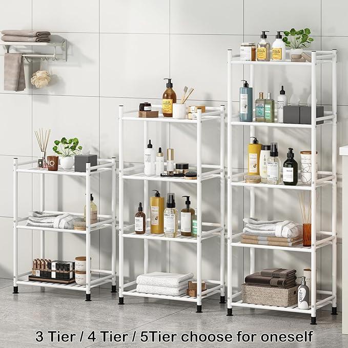 4 Tier Bathroom Storage Open Shelf Unit, Free-Standing Metal Corner Rack Shelving for Kitchen, Living Room, Hallway (White, Wider 4 Tier) - ModernBath
