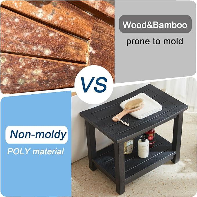 Heavy Duty HDPS Shower Bench Seat, Waterproof Shower Stool for Shaving Legs, Large Poly Lumber Bathroom Chair Seat with Ajustable Feet, Indoor/Outdoor Use, No Maintenance, Black - ModernBath