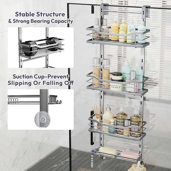 SWTYMIKI Over the Door Shower Caddy - 4 Tier Adjustable Shower Organizer Hanging with Soap Holder, No Drilling Stainless Steel Bathroom Rack Hanging for Body Wash, Shampoo, Soap, Razor, Silver - ModernBath