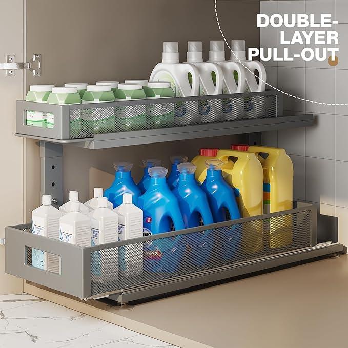 2 Pack 21.3IN-Depth Under Sink Organizer with Next-Gen Ball-Bearing Slides,2-Tier Pull Out Cabinet Storage,Height Adjustable Drawer Shelf for Bathroom,Kitchen,Laundry,Cabinet,Pantry-Gun Gray - ModernBath