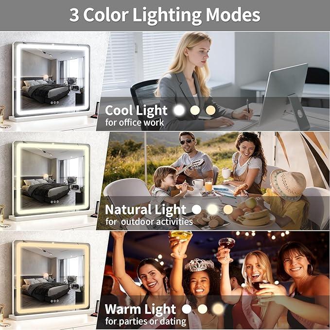 ROLOVE 23x18 Inch Vanity Mirror with Lights, 3-Color Modes, Dimmable LED Mirror with Touch Control - Large Makeup Mirror for Dressing Room (Wall/Tabletop Mount) - ModernBath