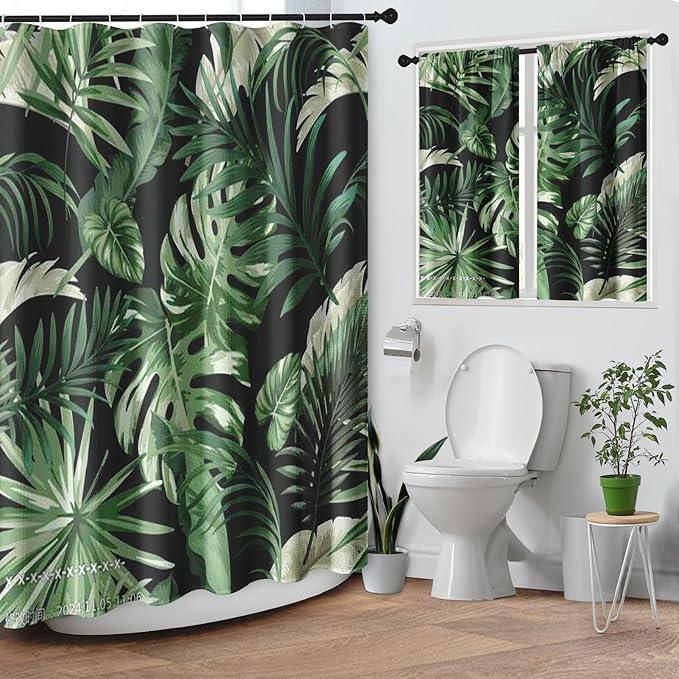 Culudea Green Tropical Plant Jungle Leaf Waffle Textured Cloth Shower Curtain Set, Palm Tree Leaves Black Bathroom Window Waterproof Shower Curtains for Bathroom Decor - ModernBath