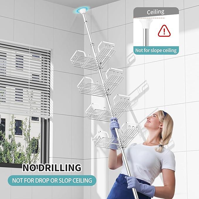KEGII Shower Caddy Tension Pole – Corner Rustproof Bathroom Organizer with Soap Holder & Hooks, No-Drill Adjustable Shower Shelf for Renters for Families & Renters, 25-114.2 Inch, Silver - ModernBath