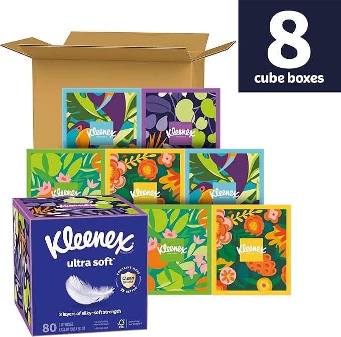 Kleenex Ultra Soft Facial Tissues, 8 Cube Boxes, 80 Tissues per Box, 3-Ply, Packaging May Vary - ModernBath