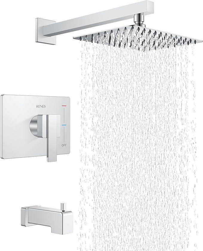 KENES Polished Chrome Tub and Shower Trim Kit, Tub Shower Faucet Set Complete with 10-Inch Rainfall Shower Head and Tub Spout, KE-6024A-5 (Shower Valve Included) - ModernBath