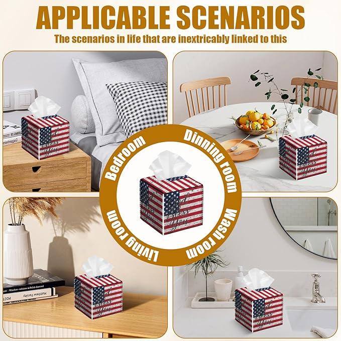 American Flag Tissue Box Cover 2PCS, God Bless You Leather Tissue Box Holder Square Facial Paper Case Tissue Box Cube Organizer for Bathroom Bedroom Desk Office - ModernBath