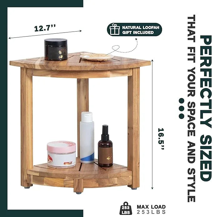 VICTORY RELAX Acacia Wood Corner Shower Stool - Waterproof Triangular Bathroom Bench with Storage Shelf & Soap Dish for Shaving, Light Natural Wood (17.9x12.7x16.5) - ModernBath