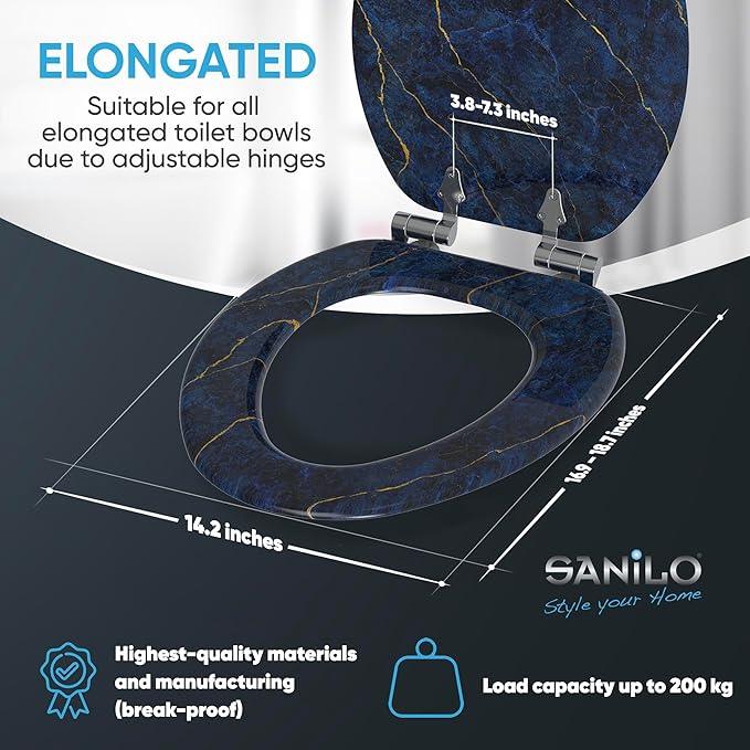 SANILO Wooden Toilet Seat with Soft Close [ELONGATED] - Decorative, Quiet & Slow Close Molded Wood Seat - With Strong Bumpers & Hinges - Adjustable Fit - Marble Dark Blue - ModernBath