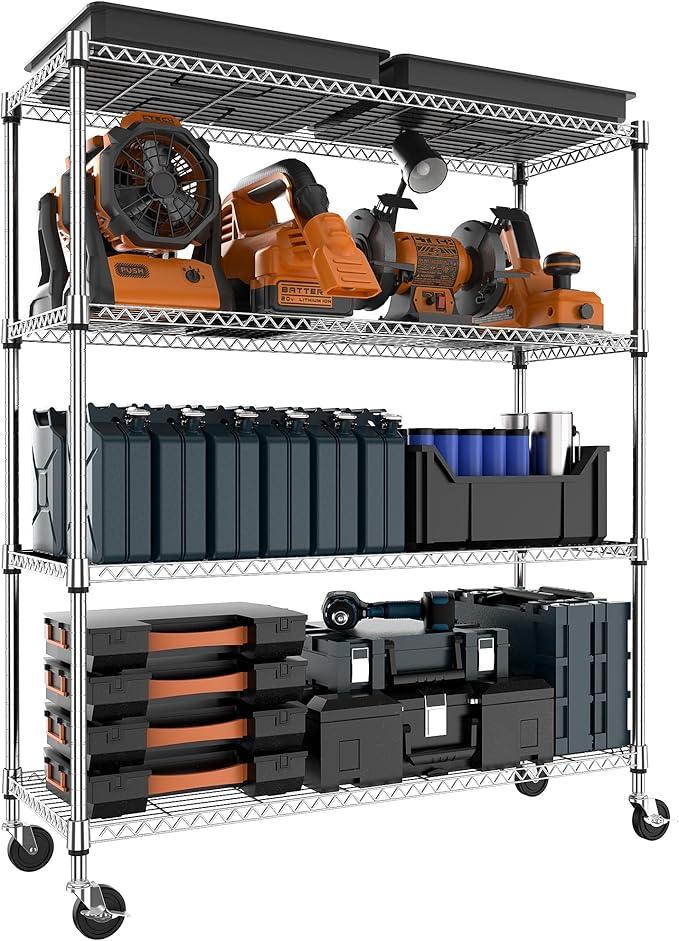 4 Tiers Storage Shelves Load 1400LBS, Metal Shelving Wire Metal Shelving Unit Shelves for Storage Adjustable Garage Shelving for Pantry Kitchen Garage Chrome 17.7" D x 47.3" W x 62.7" H - ModernBath
