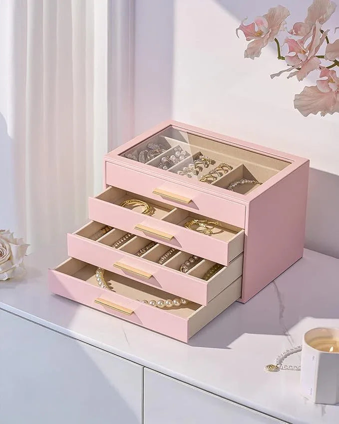 pickpiff Jewelry Box Organizer Case for Women: 4-Layer Jewelry Storage Case with Glass Window, Pink Leather with Velvet Holder for Ring Necklace Bracelet Brooch Watch, Great Gift for Her - ModernBath