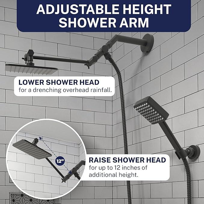 HammerHead® Solid Metal Dual Shower Head Combo — 8" Square Rain Shower Head with Handheld, 12" Adjustable Arm & Wall-Mount Holder for Flexible Installation — Matte Black - ModernBath