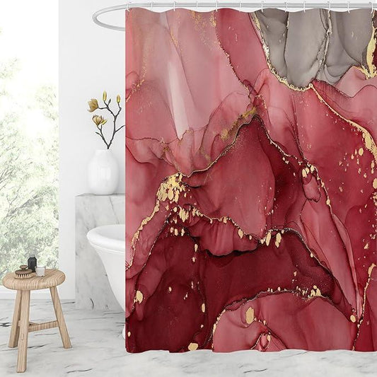 Gibelle Long Fabric Shower Curtain 72 x 78, Tall Abstract Red Marble Shower Curtain, Modern Ink Art Waterproof Fabric Shower Curtain Set with Hooks - ModernBath
