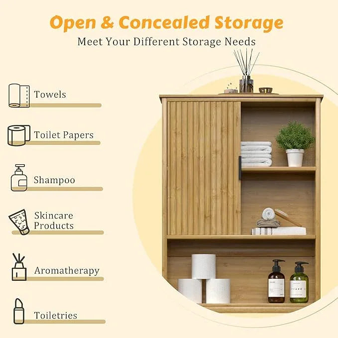 BlueWish Over The Toilet Storage Cabinet, Bamboo Over Toilet Storages with Fluted Door, Over The Toilet Cabinet Bathroom Organizer, Bathroom Shelf Over The Toilet, Storage Rack, Natural - ModernBath