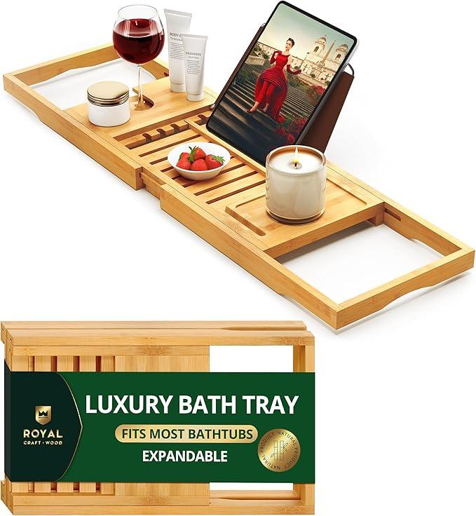 ROYAL CRAFT WOOD Premium Foldable Bathtub Tray Caddy - Wood Bath Tray for Tub, Bamboo Shelf, Expandable Bath Table Trays, Bathtub & Bathroom Accessories for New Home & Mothers, Birthday Gifts for Mom - ModernBath