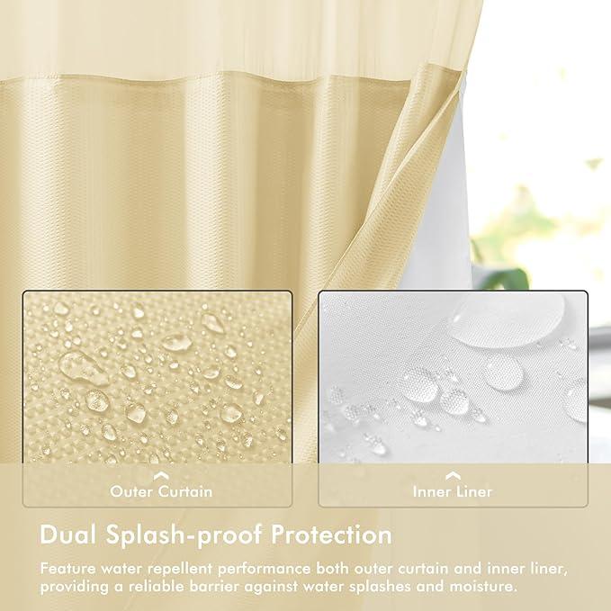 Mrs Awesome No Hook Shower Curtain with Snap-in Liner Less Time On/Off, Embossed Waffle-Look Textured Fabric Shower Curtain for Bathroom, Soft & Lightweight, 71x74, Beige - ModernBath