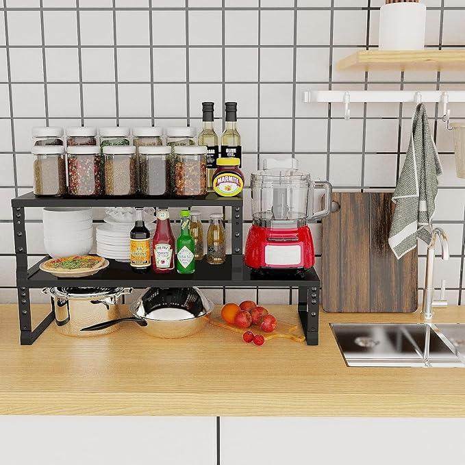 Expandable Cabinet Shelf Organizer Storage Spice Rack Shelves for Kitchen Stackable Adjustable Pantry Cupboard Bathroom Countertop Desktop(2Packs/Black/Large) - ModernBath