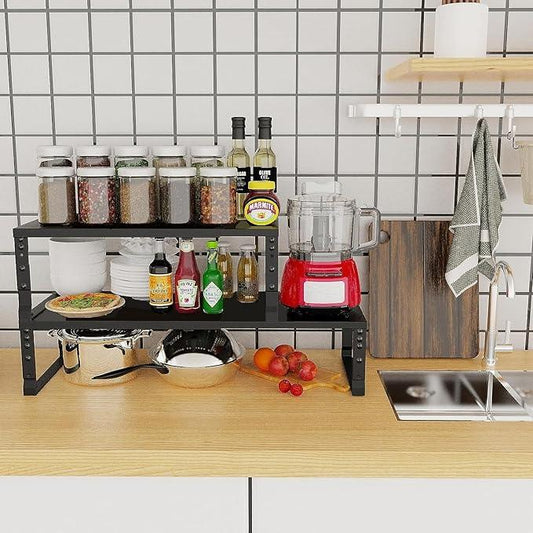 Expandable Cabinet Shelf Organizer Storage Spice Rack Shelves for Kitchen Stackable Adjustable Pantry Cupboard Bathroom Countertop Desktop(2Packs/Black/Large) - ModernBath