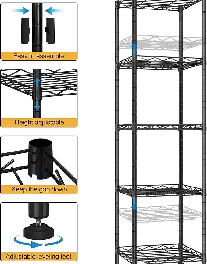HOMEFORT Storage Shelves, 5-Wire Shelving, Metal Shelving Unit Adjustable Storage Shelves Rack for Kitchen, Pantry, Bathroom, Black, 11.4" W x 11.4" D x 46" H - ModernBath