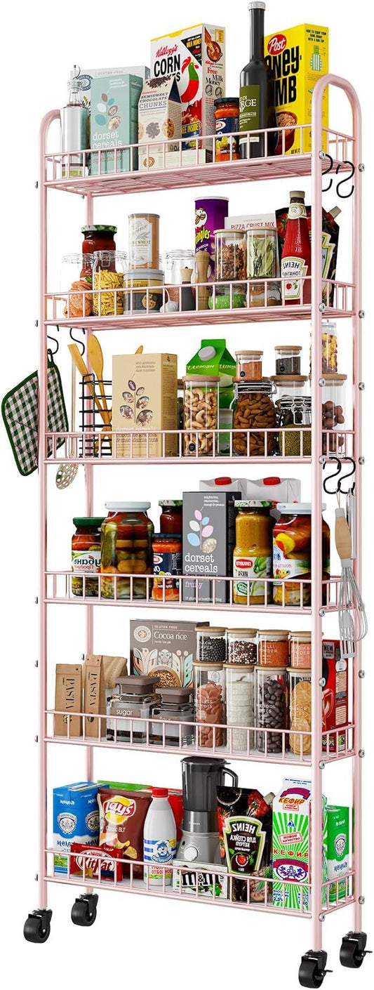 6 Tier Slim Rolling Storage Cart with Wheels, Metal Mobile Shelving Unit Organizer Utility Cart for Office Bathroom Kitchen Laundry Room Narrow Places (Pink 6 Inches) - ModernBath