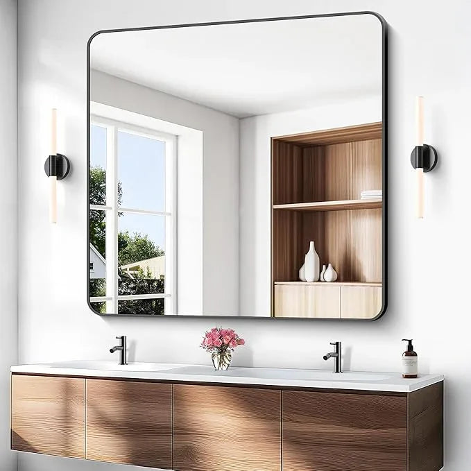 BONEWEI 48x48 inch Bathroom Mirror,Black Rectangle Mirror,Wall Mounted Bathroom Frame Vanity Mirror with Round Corner for Bedroom Living Room,Entryway Hangs Horizontal or Vertical - ModernBath
