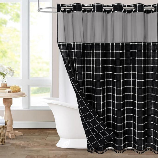 No Hooks Required Farmhouse Shower Curtain with Snap-in Liner - with Window & Magnets, Boho Cotton Linen Fabric Shower Curtains with Tassels for Rustic Bathroom Decor, Black and White, 72 x 74 - ModernBath